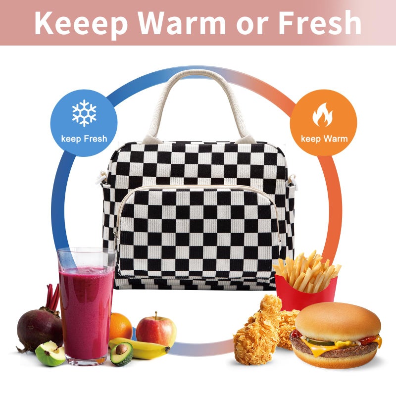 GASSDA Lunch Box for Women Insulated Lunch Bag Women Adult Cute Lunch Bags Reusable Lunchbox Cooler Tote Bag for Work Picnic (Black-White Plaid) - Image 5