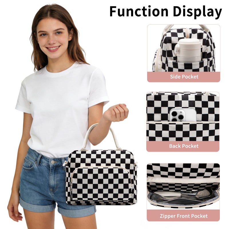GASSDA Lunch Box for Women Insulated Lunch Bag Women Adult Cute Lunch Bags Reusable Lunchbox Cooler Tote Bag for Work Picnic (Black-White Plaid) - Image 4