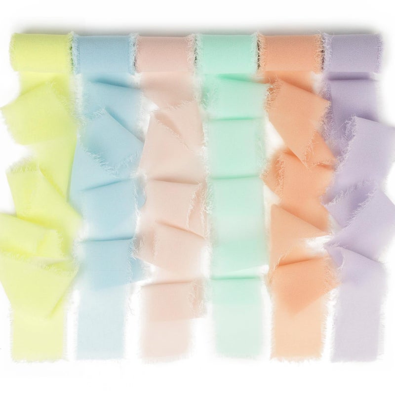 Mlurcu Pastel Macaron Chiffon Ribbon - 1.5 Inch x 3 Yds Colorful Frayed Silk Ribbon for Wedding Invitation, Flower Bouquets, Gift Wrapping, Bridal & Baby Showers - Image 1