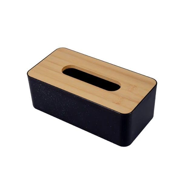Shrux Tissue Box Holder|Rectangle Bamboo Lid Tissue Paper Dispenser Box|Kitchen and Dining Table Use Paper Napkin Holder Case with Wooden lid|Removable Tissue Dispenser Organizer (Black + Wooden LID) - Image 1