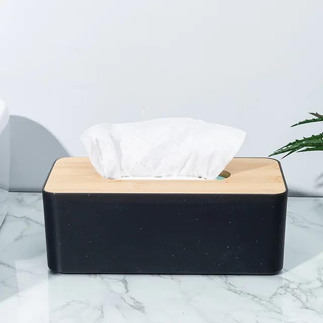 Shrux Tissue Box Holder|Rectangle Bamboo Lid Tissue Paper Dispenser Box|Kitchen and Dining Table Use Paper Napkin Holder Case with Wooden lid|Removable Tissue Dispenser Organizer (Black + Wooden LID) - Image 3