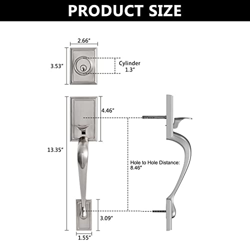 NeuType Front Door Handle Set Entrance Door Lock Set Heavy Duty Entry Handle Set with Lock, with Single Cylinder Deadbolt and Lever Handle, Compatible with Right & Left Handed Doors, Satin Nickel - Image 2