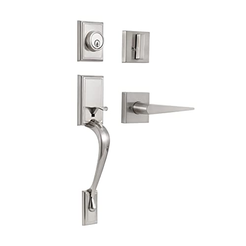 NeuType Front Door Handle Set Entrance Door Lock Set Heavy Duty Entry Handle Set with Lock, with Single Cylinder Deadbolt and Lever Handle, Compatible with Right & Left Handed Doors, Satin Nickel - Image 1