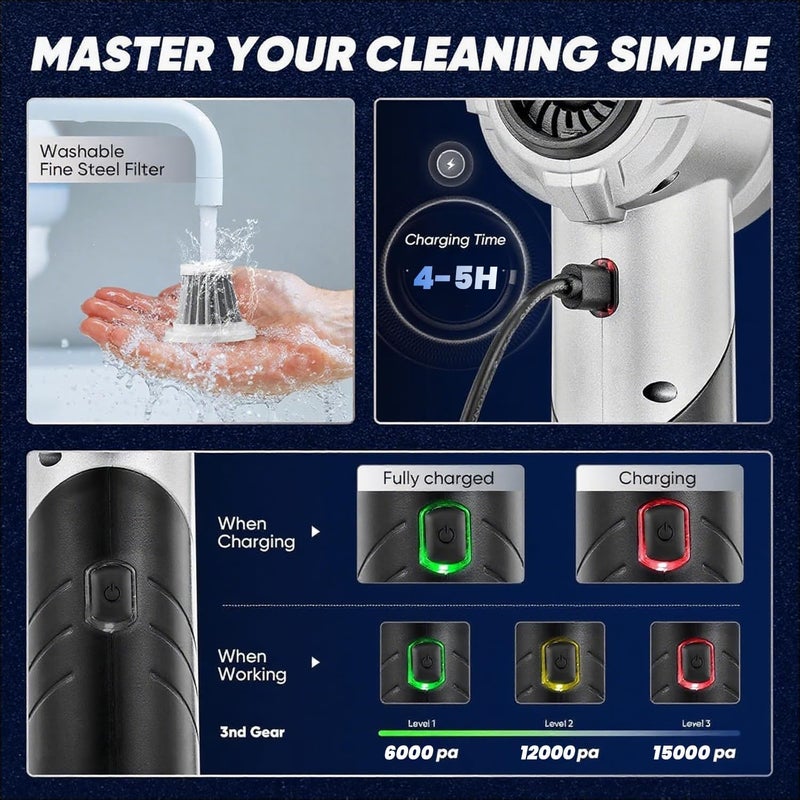 AccLoo Handheld Car Vacuum Cleaner, 15000Pa High Power Cordless Vacuum Cleaner, Rechargeable Small Vacuum with Multi Nozzles for Car, Home, Office, Pet - Image 4
