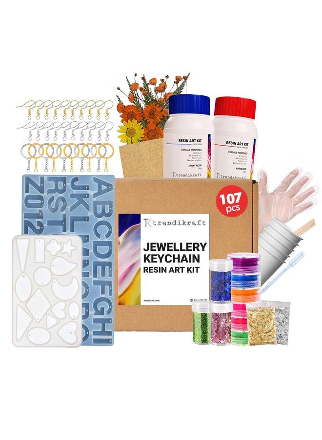 TRENDIKRAFT 107pcs DIY Alphabet Keychain Earring Pendant & 4" Coaster Making Epoxy Resin Art Materials Kit with Silicone Moulds, Glitters, Colors, Dry Flowers and More for Beginners - Image 1