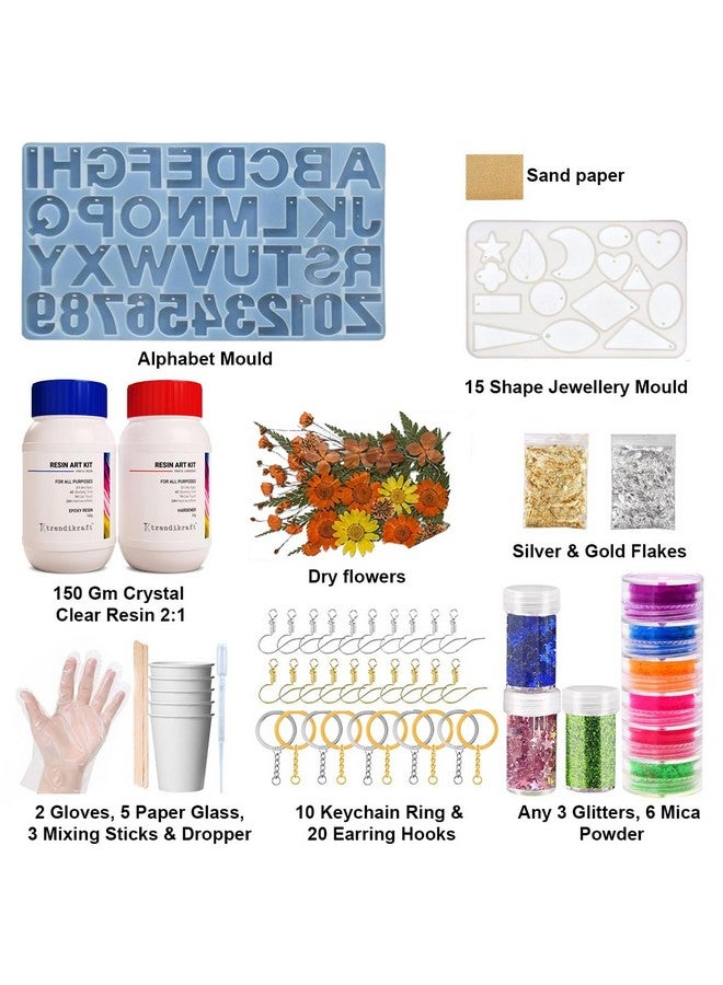 TRENDIKRAFT 107pcs DIY Alphabet Keychain Earring Pendant & 4" Coaster Making Epoxy Resin Art Materials Kit with Silicone Moulds, Glitters, Colors, Dry Flowers and More for Beginners - Image 2