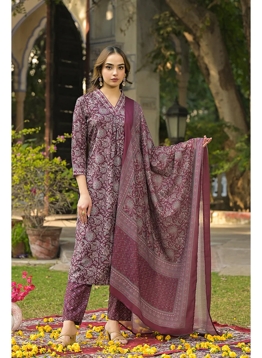زيري سوق Burgundy Rayon Blend Floral Printed Straight 3-Piece Kurta Set
