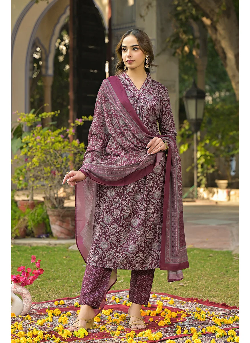 زيري سوق Burgundy Rayon Blend Floral Printed Straight 3-Piece Kurta Set