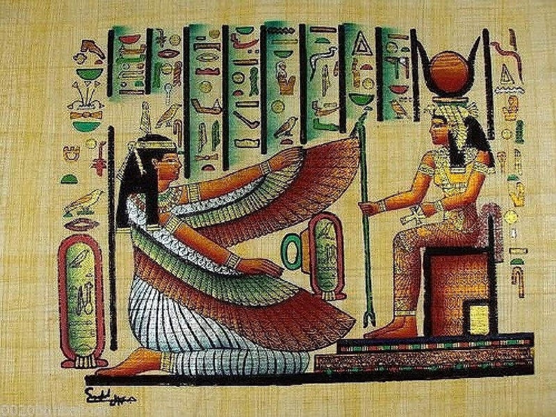 Papyrus 100% Authentic Egyptian Original Hand Painted Painting Papyrus Paper Pharaoh Ancient 8"x12" (20x30 cm) Isis And Matt Hieroglyphic Scroll History Pharaohs Papyri Hieroglyphics - Image 1