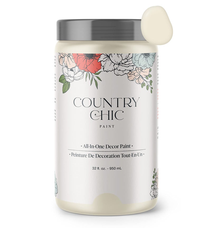 Country Chic Paint طلاء الطباشير الشامل بأسلوب ريفي للأثاث والخزائن وديكور المنزل، صديق للبيئة، تشطيب غير لامع، مع برايمر وطبقة نهائية مدمجة للخشب والمعادن - كريمة الفانيليا (أبيض فاتح) - ربع 32 أونصة (950 مل) - Image 1