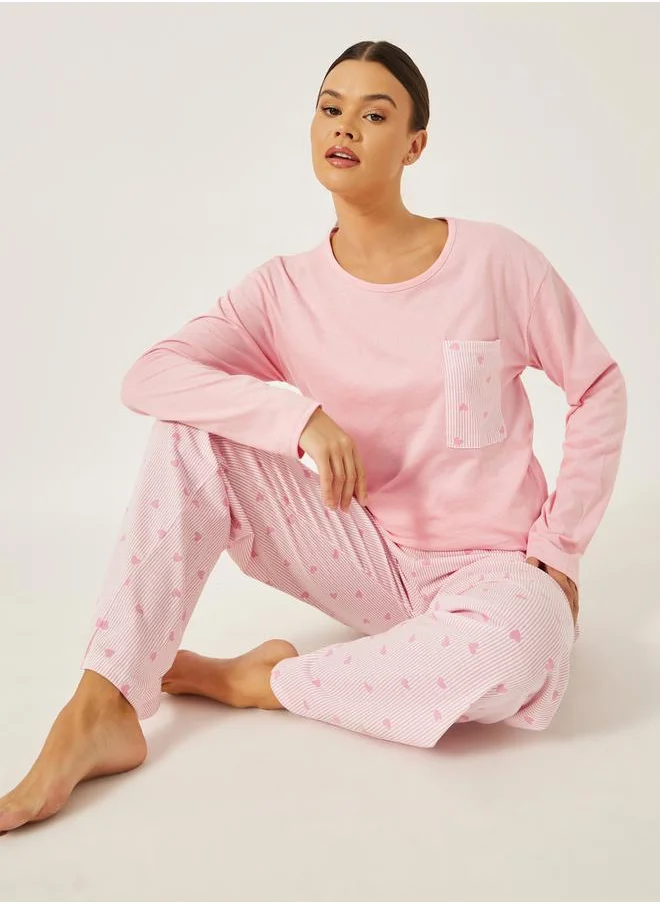 Styli Heart Print Pocket T-Shirt and Printed Pyjama Set