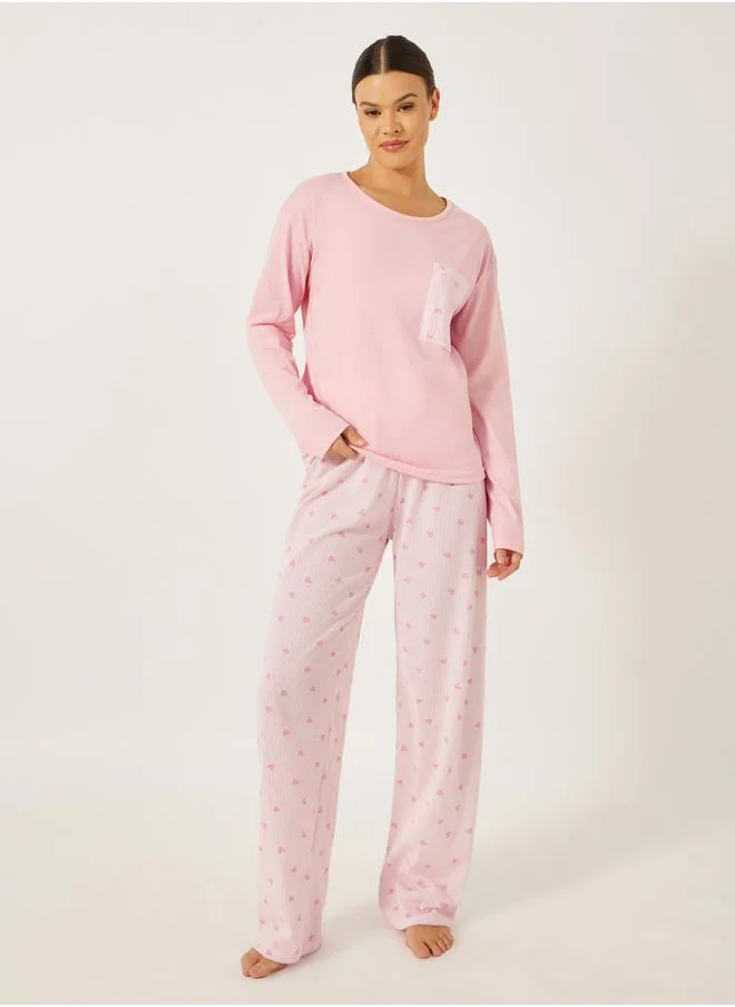Styli Heart Print Pocket T-Shirt and Printed Pyjama Set