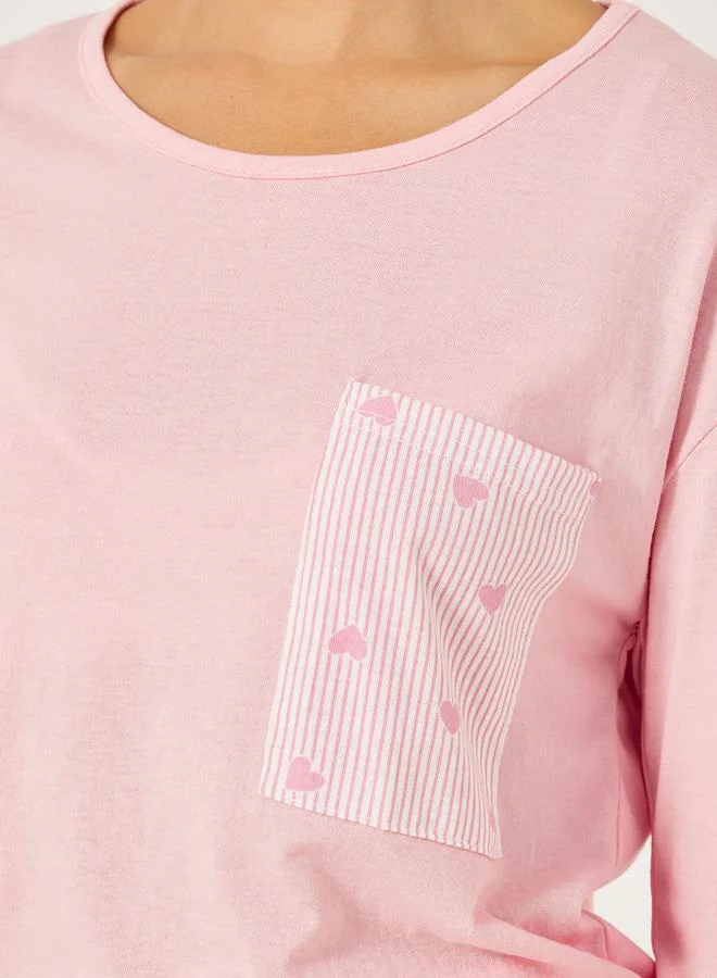 ستايلي Heart Print Pocket T-Shirt and Printed Pyjama Set