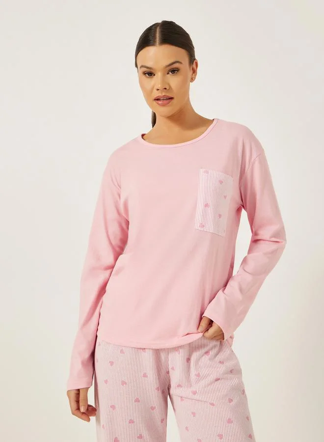 ستايلي Heart Print Pocket T-Shirt and Printed Pyjama Set