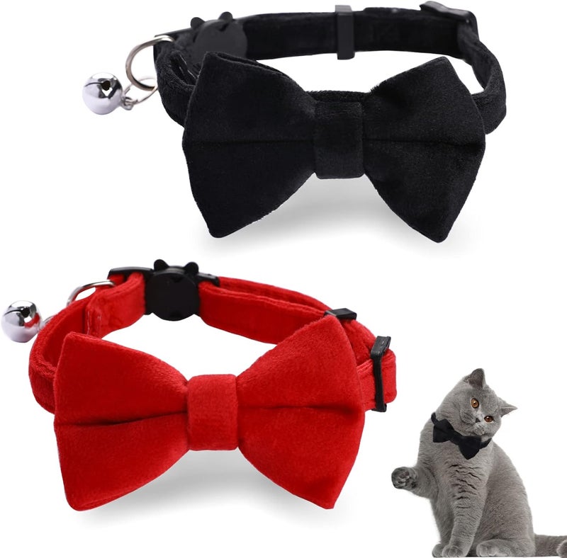 Sliverdew 2 Pcs Velvet Cat Collar with Bell and Bowtie, Adjustable Breakaway Cat Collars Kitten Small Puppy Safety Bow Tie Solid Wedding Basic Color Cat Bow Tie Collar - Image 1