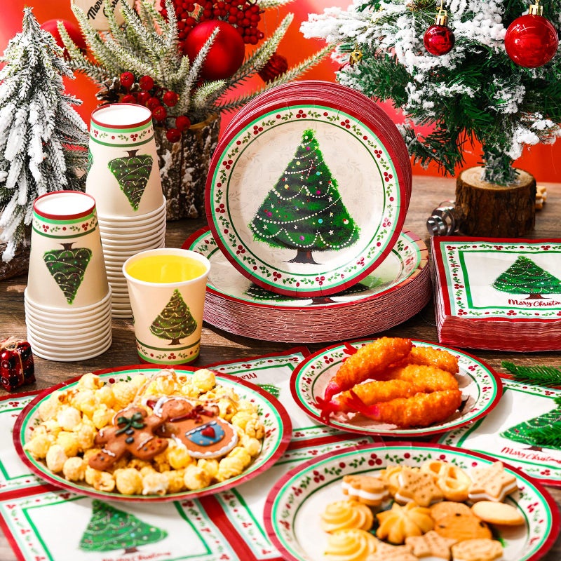 Domensi 200 Pcs Vintage Christmas Party Supplies Tableware Set for 50 Guests  7 & 9 Inch Christmas Paper Plates and Napkins 9 oz Disposable Cups for Holiday Party Decor(Retro) - Image 1