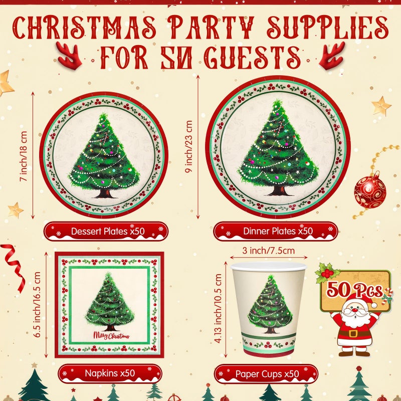 Domensi 200 Pcs Vintage Christmas Party Supplies Tableware Set for 50 Guests  7 & 9 Inch Christmas Paper Plates and Napkins 9 oz Disposable Cups for Holiday Party Decor(Retro) - Image 2