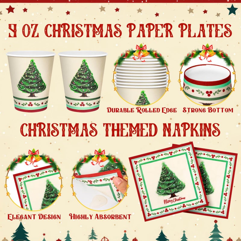Domensi 200 Pcs Vintage Christmas Party Supplies Tableware Set for 50 Guests  7 & 9 Inch Christmas Paper Plates and Napkins 9 oz Disposable Cups for Holiday Party Decor(Retro) - Image 4