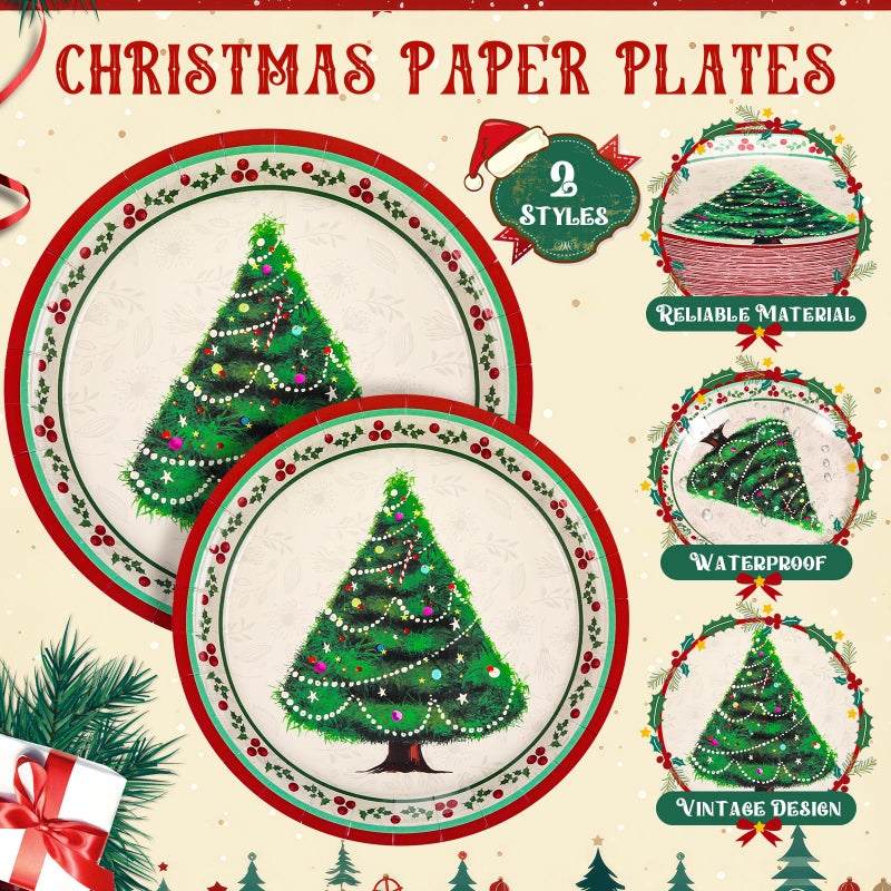 Domensi 200 Pcs Vintage Christmas Party Supplies Tableware Set for 50 Guests  7 & 9 Inch Christmas Paper Plates and Napkins 9 oz Disposable Cups for Holiday Party Decor(Retro) - Image 3