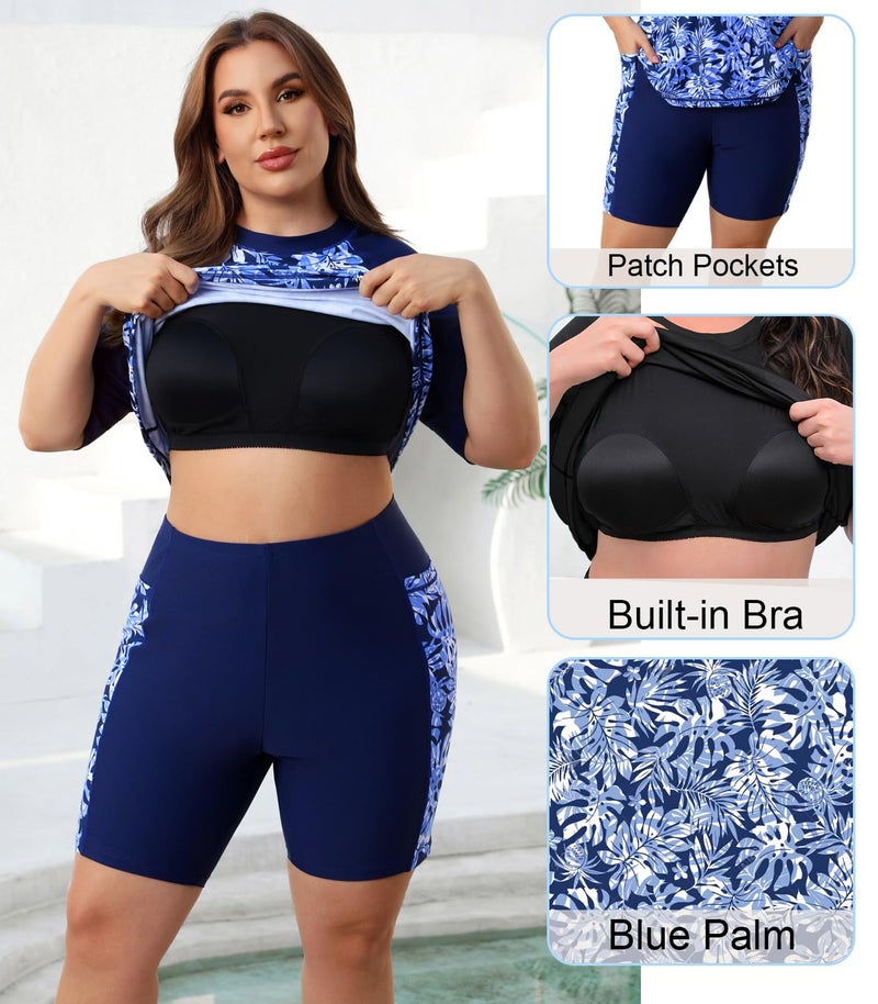 Halcurt Women Plus Size Swim Shirt and Shorts Built in Bra Bathing Suits Short Sleeve Rash Guard Boyleg Swimsuit Palm 1X - Image 5