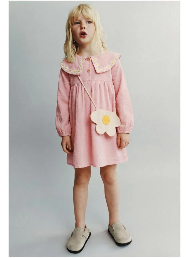 Magu Girls' Cotton Pink Daisy Embroidered Dress - With Bag