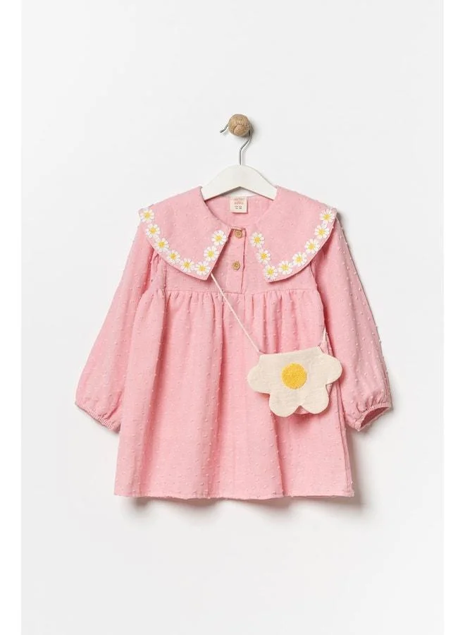 Magu Girls' Cotton Pink Daisy Embroidered Dress - With Bag