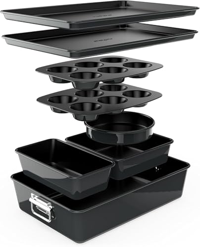 NutriChef 8Piece Stackable Nonstick Bakeware Set  Premium Steel Baking Tray Set  Includes Round Cake Pan 6Cup Muffin Pans WideSquare Brownie  Loaf Pans Cookie Sheet  Roaster Pan Black