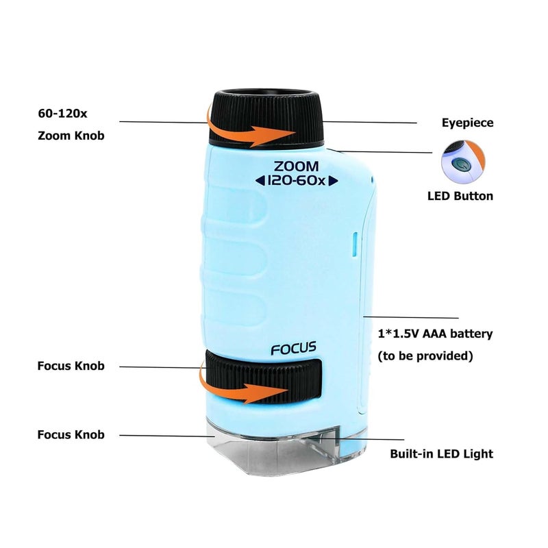 Tobo Portable Microscop Scientific Experiment Set, Handheld Microscope with 60x-120x Magnification and LED Light, Perfect Mini Microscope for Education and Exploration of The World-Blue (TD-1458IM) - Image 4