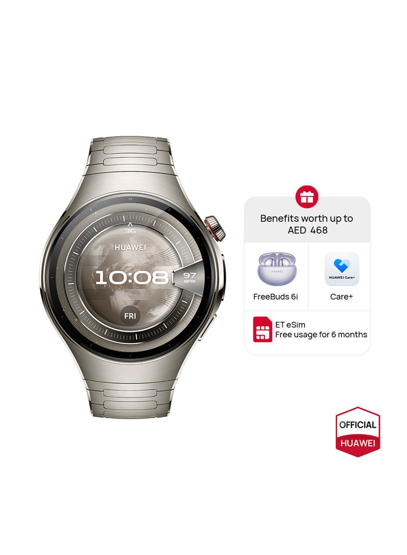 HUAWEI Watch 5 46mm Smartwatch, Multi-sensing X-TAP technology, Real-Time Fingertip Blood Oxygen, eSIM, 2-Battery Modes, Intuitive Smart Gestures, Compatible with iOS & Android + FOC Silver - Image 1