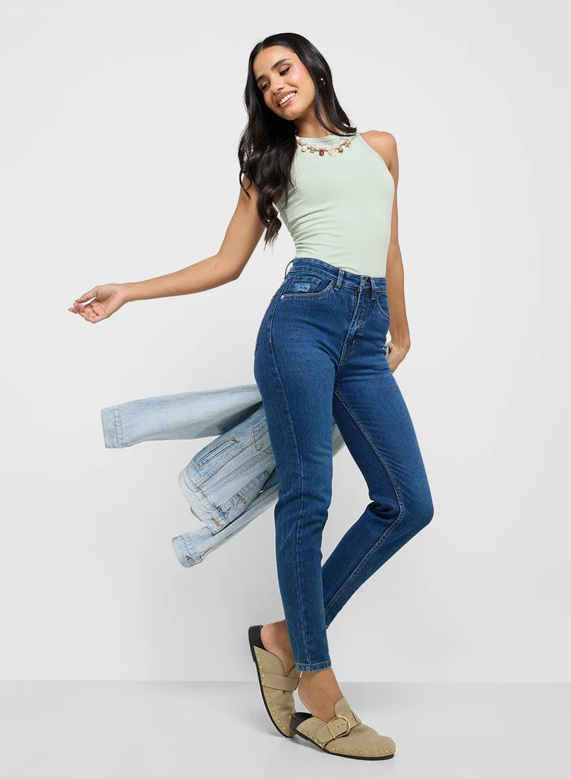 High Rise Skinny Jeans With Frayed Hem