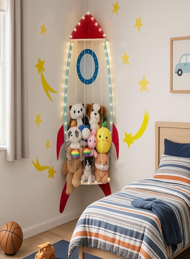 Putska Corner Stuffed Animal Storage Organizer with LED Lights - Stuffed Animal Holder, Stuffy Storage, Space-Saving Plushies and Toy Corner Organizer for Kids Room - Spaceship - Image 1