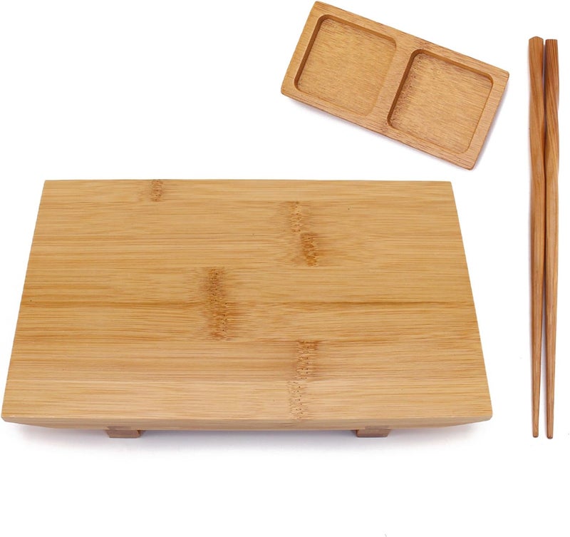 BambooMN Bamboo Sushi PlateTray Chopsticks and Compartment Sauce Dish 98 Rectangle  2 Sets - Image 3