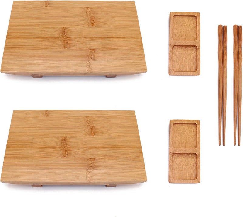 BambooMN Bamboo Sushi PlateTray Chopsticks and Compartment Sauce Dish 98 Rectangle  2 Sets - Image 1