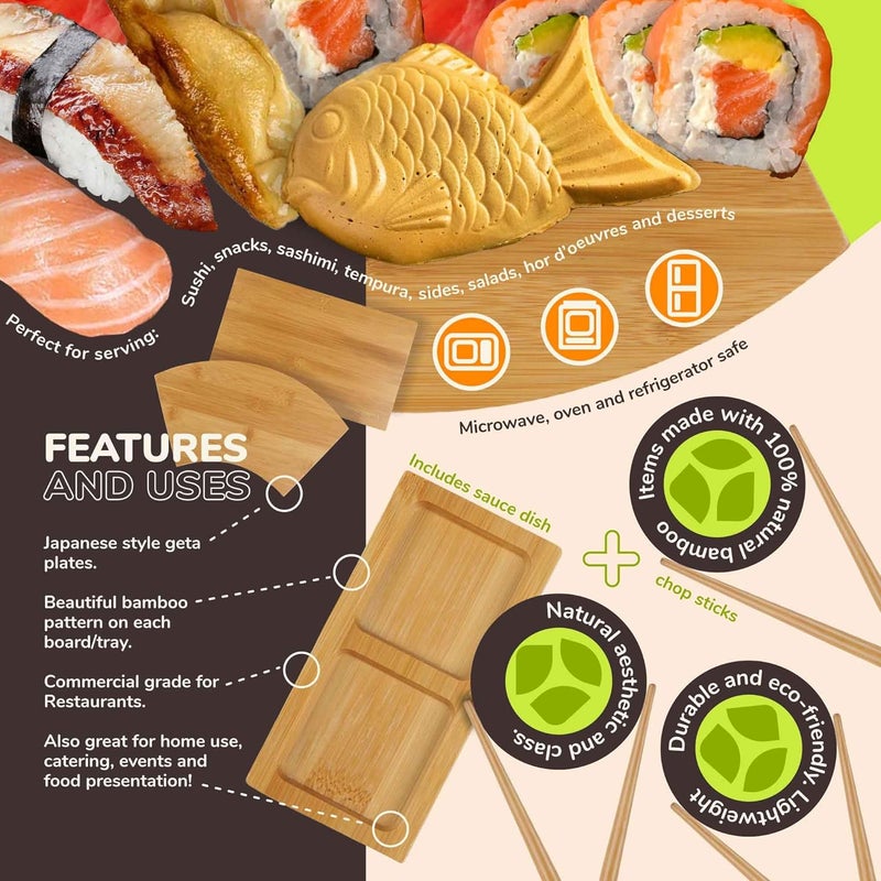 BambooMN Bamboo Sushi PlateTray Chopsticks and Compartment Sauce Dish 98 Rectangle  2 Sets - Image 4