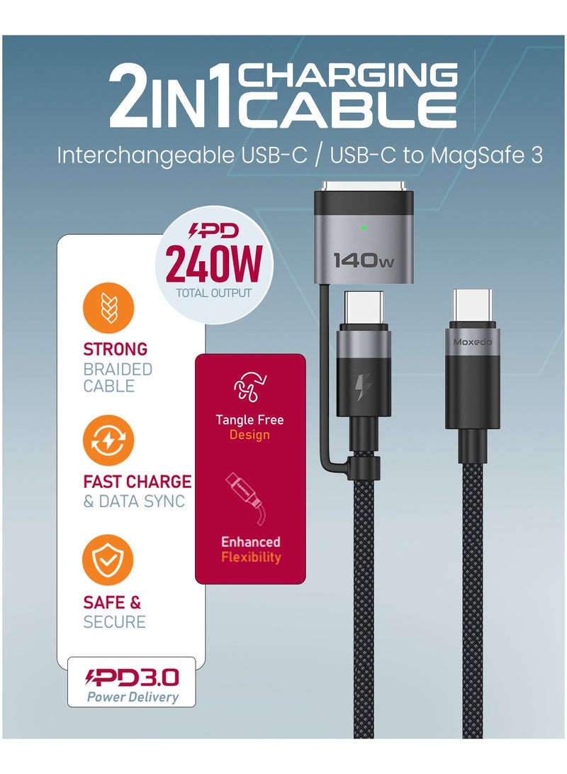 Moxedo 2 in 1 Charging Cable 240W PD 3.0 Interchangeable USB-C/USB-C to Magsafe 3 1.5 Meters Braded Nylon Cable Compatible for MacBook Air and MacBook Pro, Pro (14-16-inch, M2, 2023) - Image 3