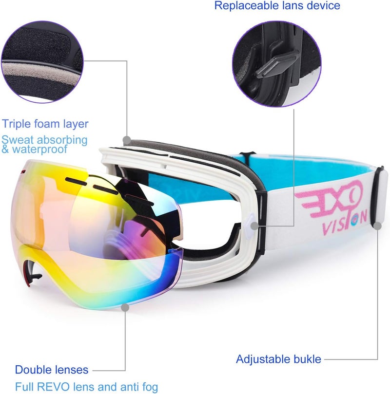 EXP VISION Snowboard Ski Goggles Men Women Youth, Anti Fog OTG Winter Snow Goggles Spherical Detachable Lens - Image 3