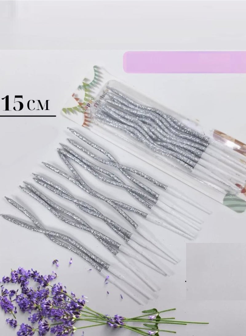 12 Pieces Twisty Birthday Candles Spiral Cake Candles Silver Glitter With Holders - Image 1