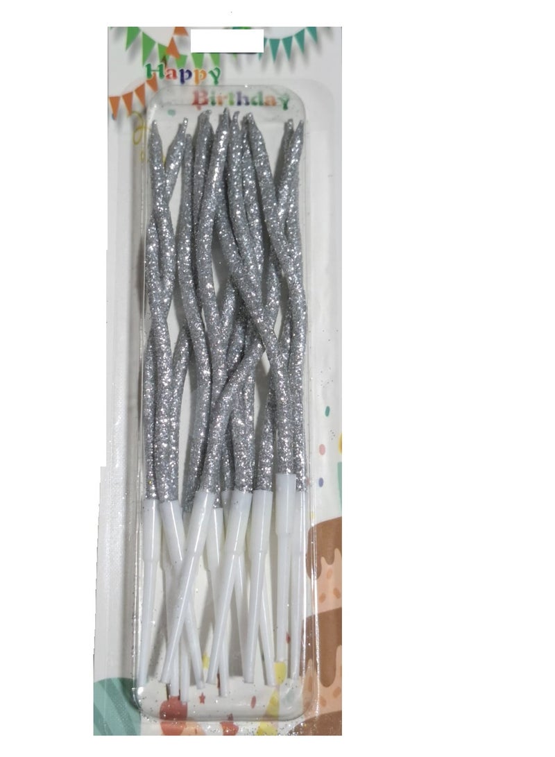 12 Pieces Twisty Birthday Candles Spiral Cake Candles Silver Glitter With Holders - Image 2