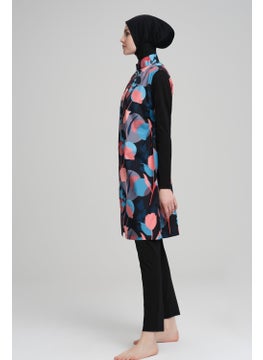 Nehar Colorful Floral Patterned Black Vest 3 Piece Hijab Swimsuit Set 2205  - Image 3