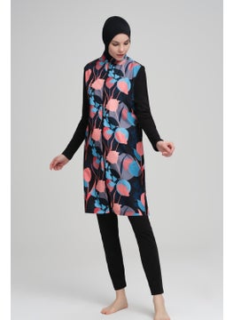 Nehar Colorful Floral Patterned Black Vest 3 Piece Hijab Swimsuit Set 2205  - Image 2
