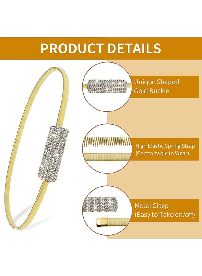 COBEE - Women Skinny Metal Waist Belt, Gold Thin Metal Chain Stretch Elastic Waistband with Rhinestone Fashion Dress Belts for Women's Bridal Dressy(Gold) - Image 1