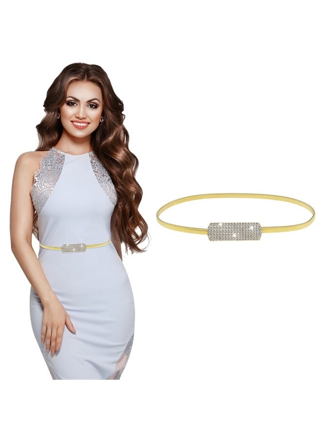 COBEE - Women Skinny Metal Waist Belt, Gold Thin Metal Chain Stretch Elastic Waistband with Rhinestone Fashion Dress Belts for Women's Bridal Dressy(Gold) - Image 1