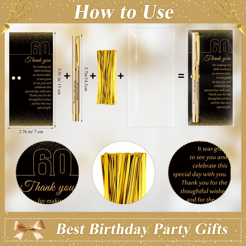 Feifeiya 50 Set 60th Birthday Party Favor for Guest Anniversary Party Favor with Black and Gold Ballpoint Pens and Thank You Cards for Women Men Birthday Anniversary Appreciation Gifts - Image 3