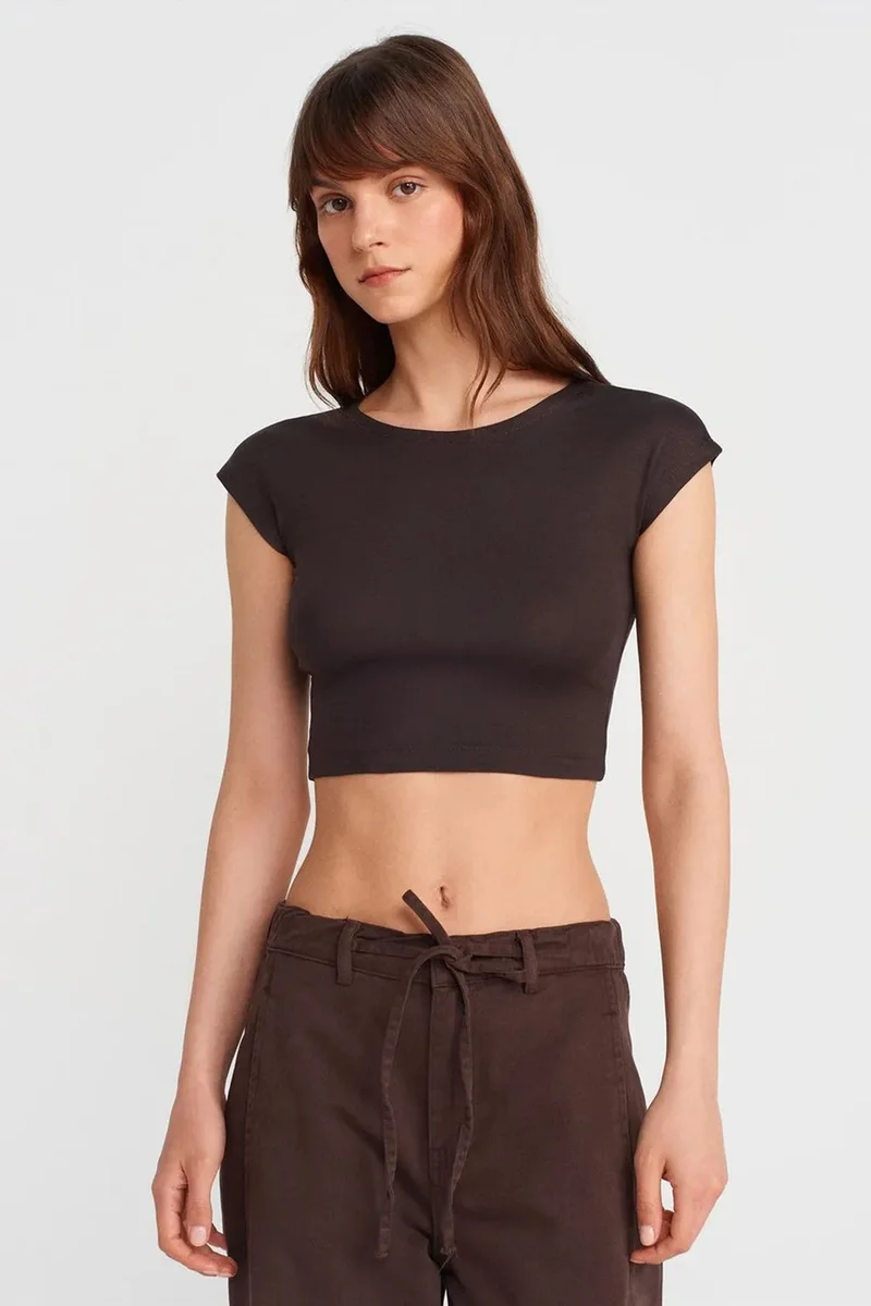 Dilvin Coffee Brown DILVIN Slim Fit Crop Jersey Blouse for Women | Best Price UAE
