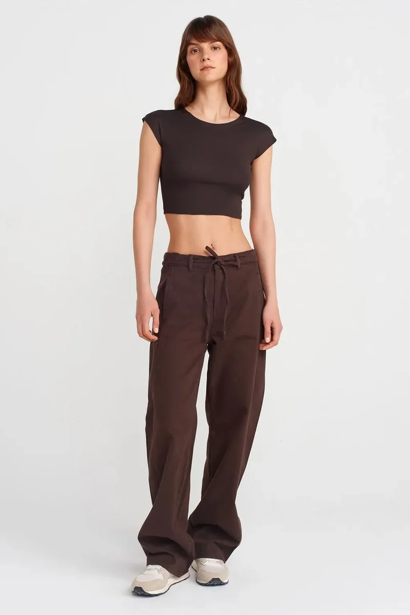 Dilvin Coffee Brown DILVIN Slim Fit Crop Jersey Blouse for Women | Best Price UAE