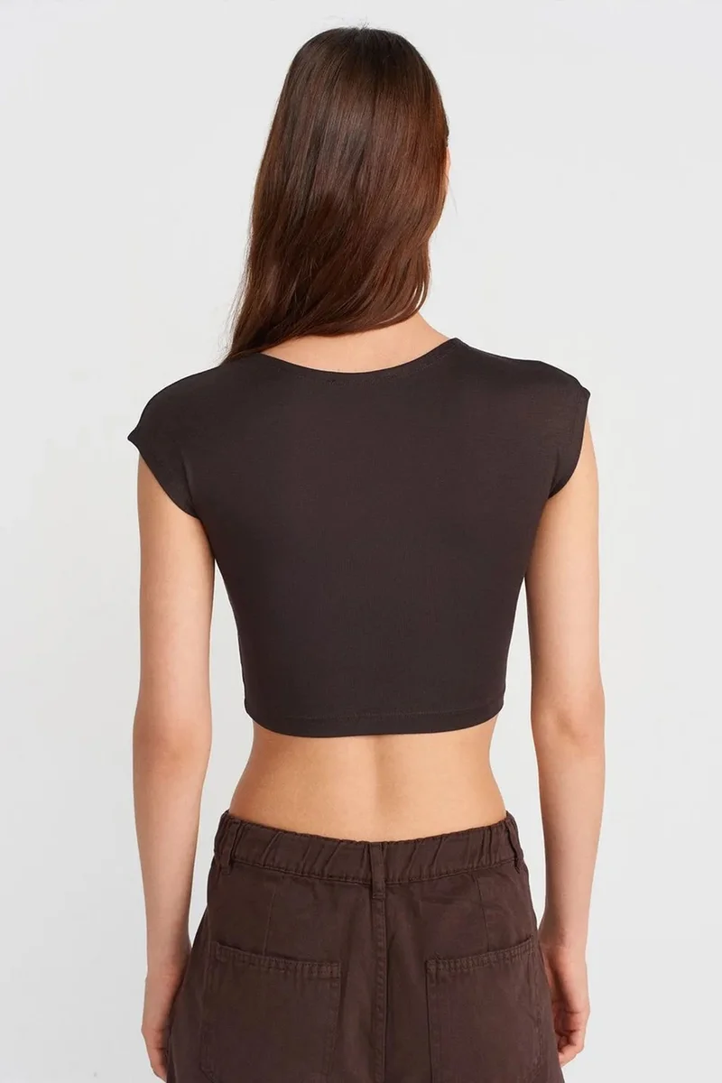 Dilvin Coffee Brown DILVIN Slim Fit Crop Jersey Blouse for Women | Best Price UAE