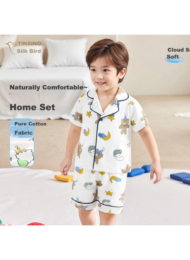 Tinsino Kids' Summer Short Sleeve Cardigan Home Wear Set For Boys And Girls, Children's Clothing For Toddlers, Suitable For Outerwear, Good Night Little Bear