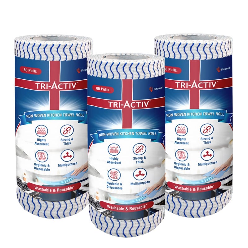TRI-ACTIV Washable & Reusable Kitchen Towel Roll | 80 Pulls per Roll, 240 Sheets Pack of 3 | Highly Absorbent Kitchen Tissue Roll | Non Woven Fabric | Better alternative to Paper Tissue Roll | Blue - Image 1
