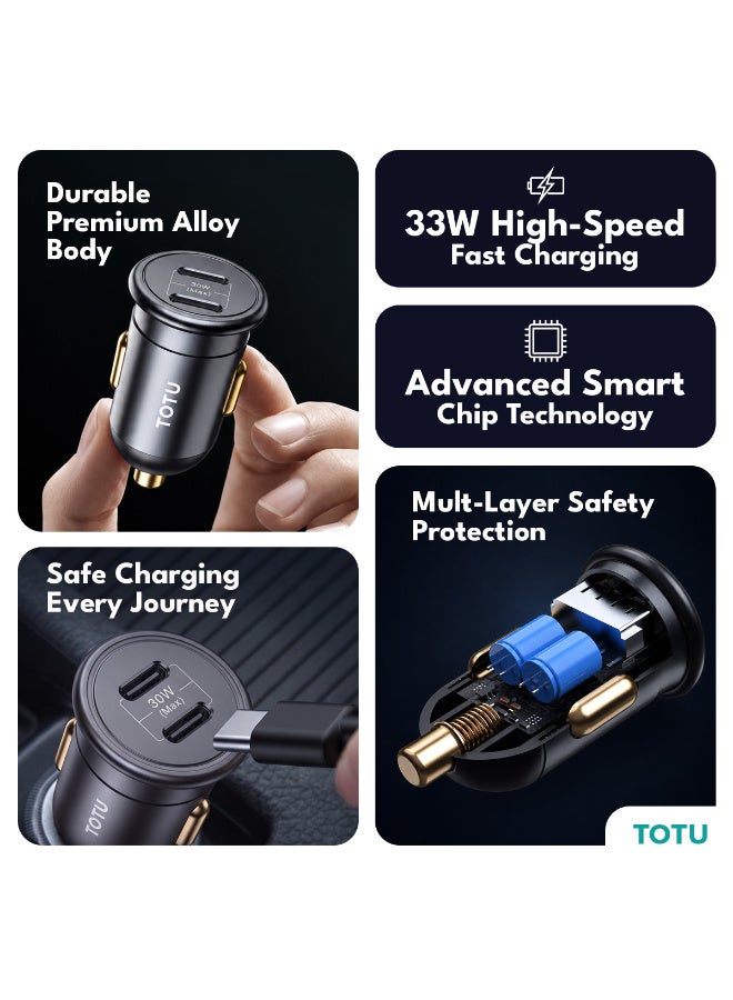 Totu 33W Dual Type-C Ports Fast Car Charger, Premium Alloy Body Mini Adapter with Smart Chip & Multi-Layer Safety Protection for iPhone, Samsung, Huawei, and Type-C Devices – Black - Image 2