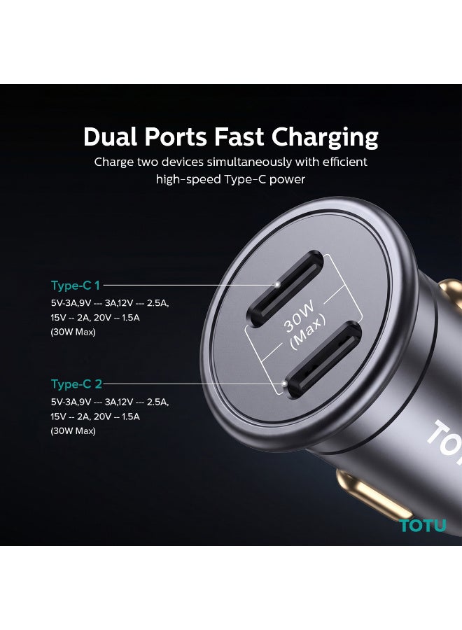 Totu 33W Dual Type-C Ports Fast Car Charger, Premium Alloy Body Mini Adapter with Smart Chip & Multi-Layer Safety Protection for iPhone, Samsung, Huawei, and Type-C Devices – Black - Image 3